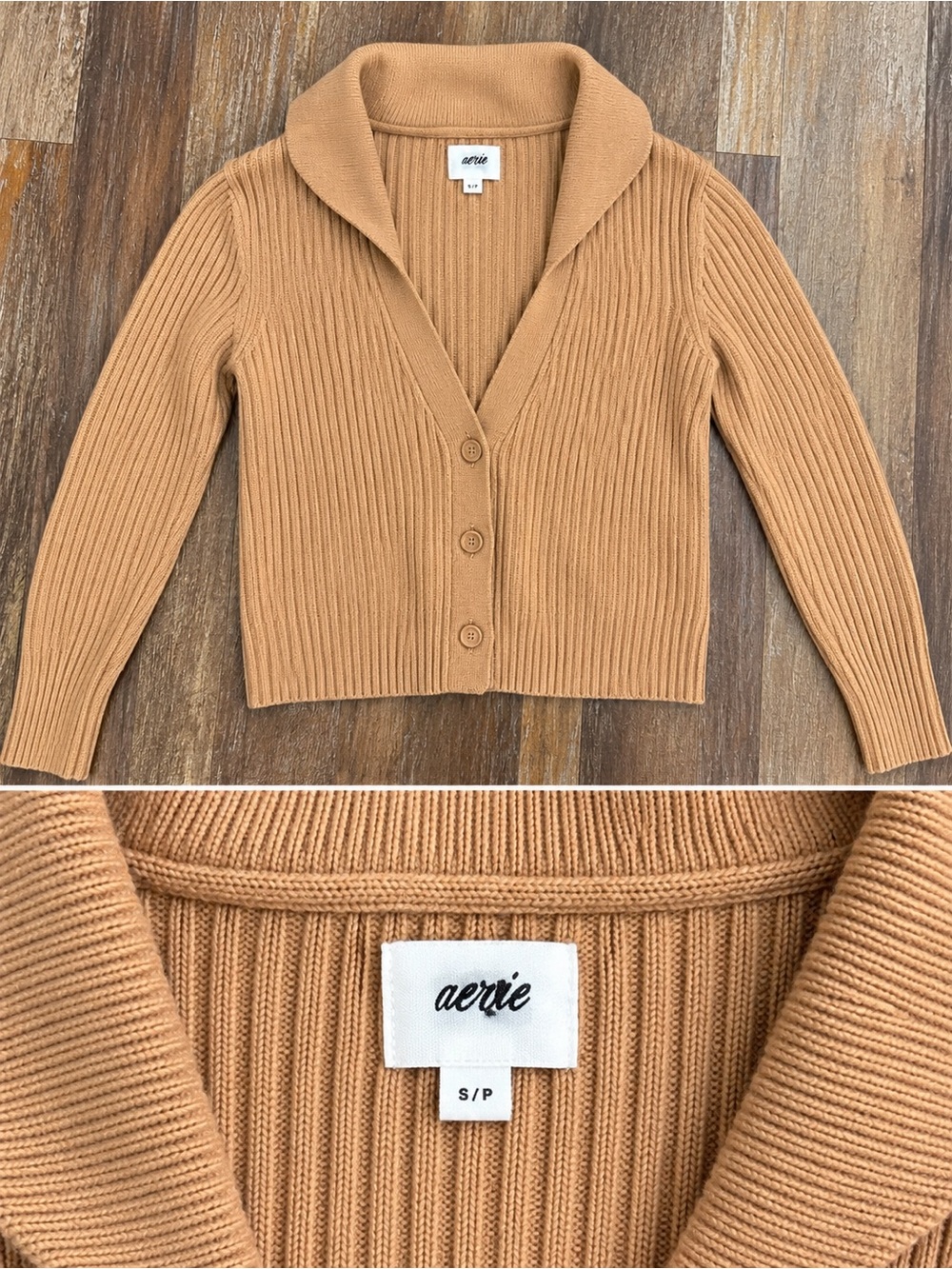 aerie Ribbed Button-Front Sweater Cardigan in Camel/Tan